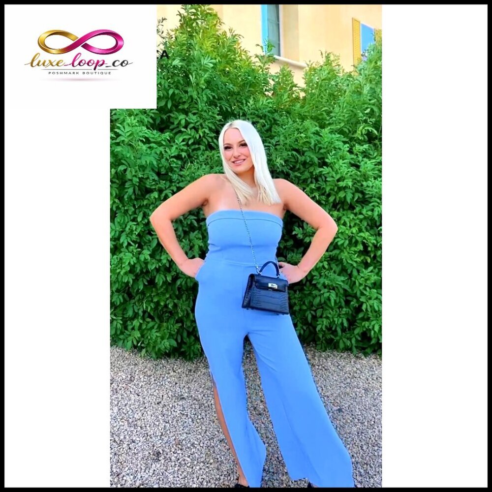 Strapless Jumpsuit Off Shoulder High Waist Wide Leg Side Slit Pockets - Picture 7 of 7